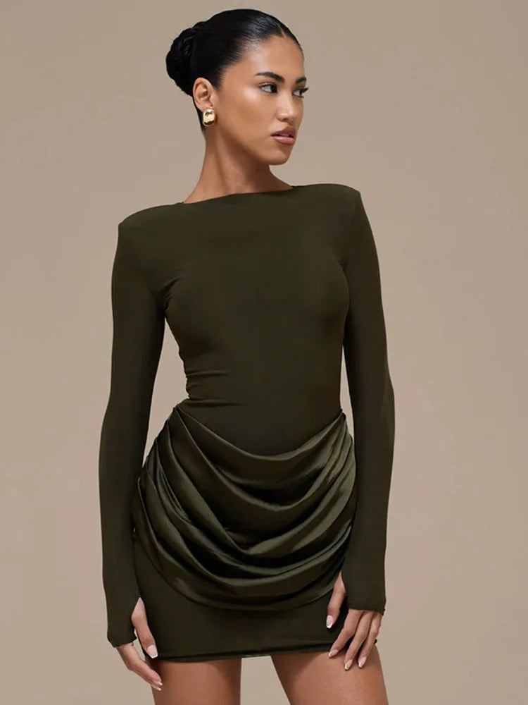 Mozision Long Sleeve Ruched Sexy Mini Dress Women Gown Elegant Satin Patchwork O Neck High Waist Club Party Dresses Fashion Wofashion.xyz