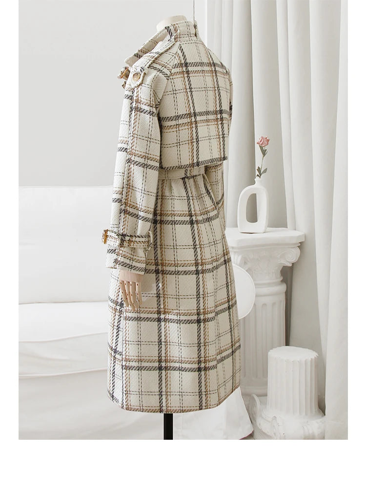 Lautaro Autumn Winter Long Loose Warm Plaid Wool Blends Trench Coat for Women Raglan Sleeve Belt Double Breasted Woolen Overcoat