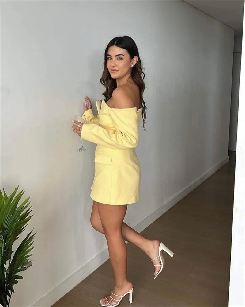 Mozision Off-shoulder Strapless Sexy Blazer Dress For Women Fashion Solid Zipper Two Pocket Long Sleeve Backless Mini Dress