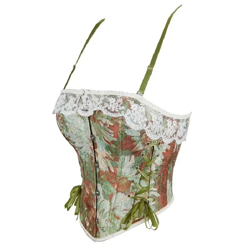 Women Over Bust Abdomen Corset Crops Lace Up Slimming Bodice Floral Prints Vintage Bustiers Bones Push Up Body Adjustable Strap