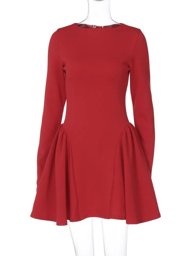 Mozision Elegant Long Sleeve Sexy Mini Dress For Women Solid O Neck High Waist A-line Bodycon Club Party Dress Clubwear New