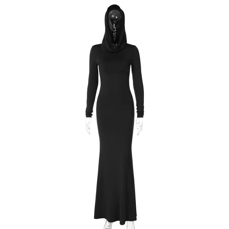DSMTRC High Street Red Christma Hooded Long Sleeve Maxi Dress for Woman Slim Solid Bodycon Party Vestidos Elegant Autumn Dresses