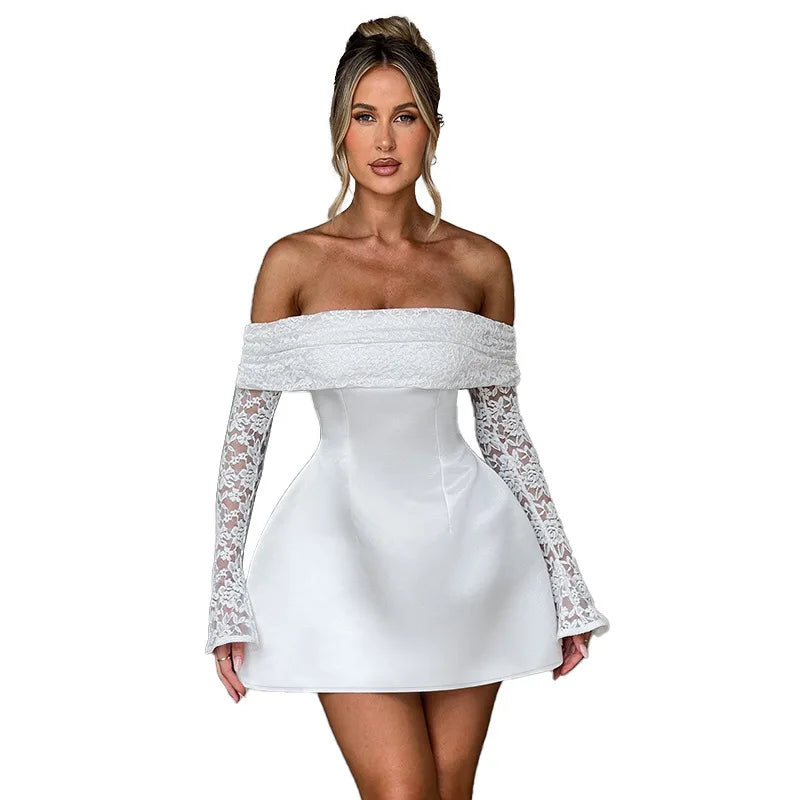 NIDANSSI White Lace Strapless Pleated Evening Party Dress Women Backless Elegant Sexy Dress Bodycon Mini Winter Dress Vestidos