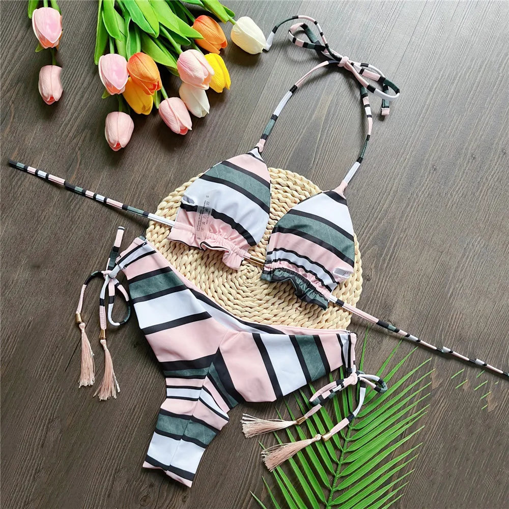 Red Striped Print String Halter Triangle Bikinis Sets Sexy Swimsuit Women Lace-up Swimwear Bathing Suit Thong Bikini 2025 Mujer