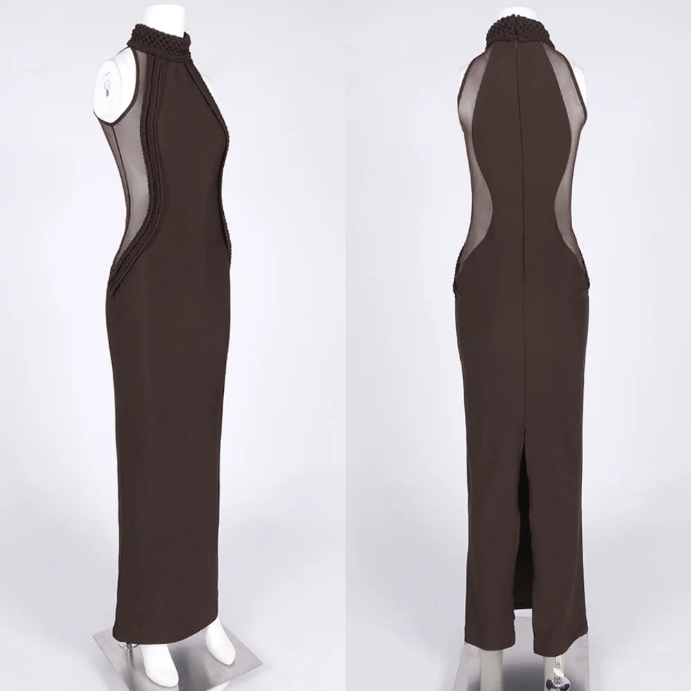 Luxury Sheer Corset Brown Long Dresses for Women – Long Sleeve High Neck See Through Bodycon Maxi Dress with Mesh Waist Detail