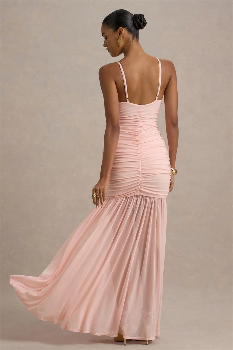 Mozision Spaghetti Strap Backless Sexy Maxi Dress Women Gown Fashion Patchwork Off-shoulder V Neck Ruched Pleated Party Dress