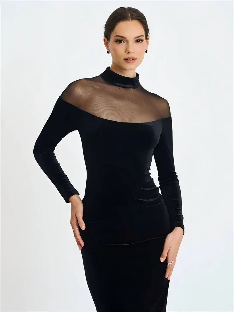 Mozision Sheer Off-shoulder Long Sleeve Sexy Maxi Dress Women Gown Elegant Half High Collar Backless Bodycon Club Party Dresses