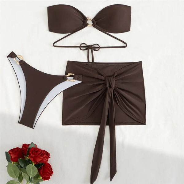 Brown Bandeau Bikinis De Mujer Sexy Swimsuit Cover Ups Women Metal Ring Swimwear 2025 Beach Wear Mini Skirts 3 Bikini Piece Set Wofashion.xyz
