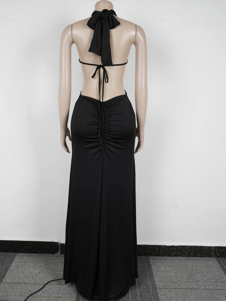 Beyprern New Chic Halter V Neck O Rings Long Maxi Dress Glam Women Sexy Backless Ruched High Slit Party Dresses Birthday Outfits