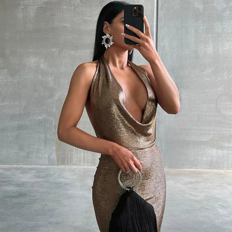 Mozision Halter Deep V Neck Backless Maxi Dress Women Sleeveless Temperament Fishtail Dress Ladies Elegant Sexy Party Dress