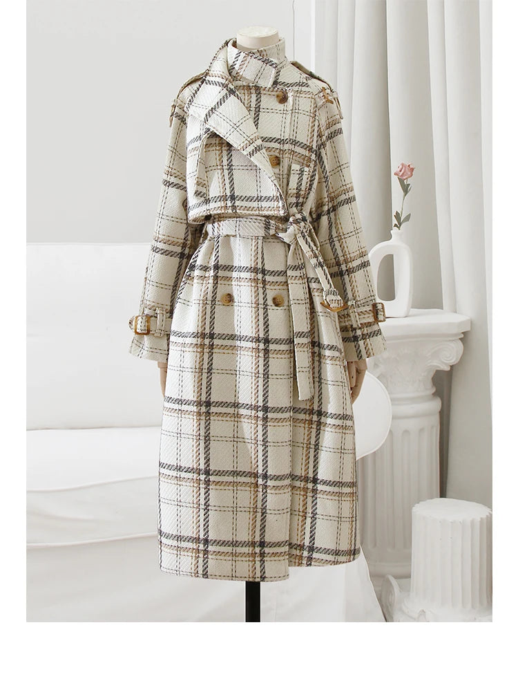 Lautaro Autumn Winter Long Loose Warm Plaid Wool Blends Trench Coat for Women Raglan Sleeve Belt Double Breasted Woolen Overcoat