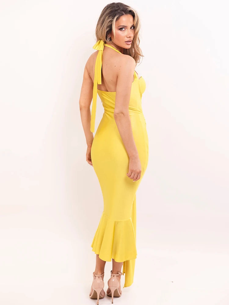 Mozision Satin Backless Draped Sexy Maxi Dress Women Fashion Sequins Halter Sleeveless Ruched Bodycon Club Party Long Dresses