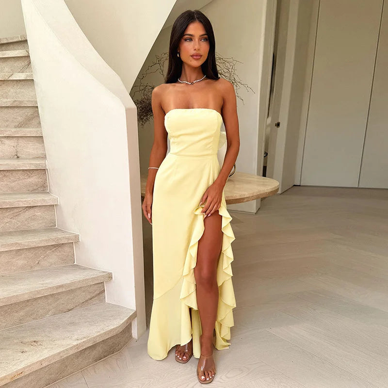 Mozision Off-shoulder Strapless Ruffled Sexy Maxi Dress Women Summer Fashion Backless Bow Thigh High Split Club Long Dress
