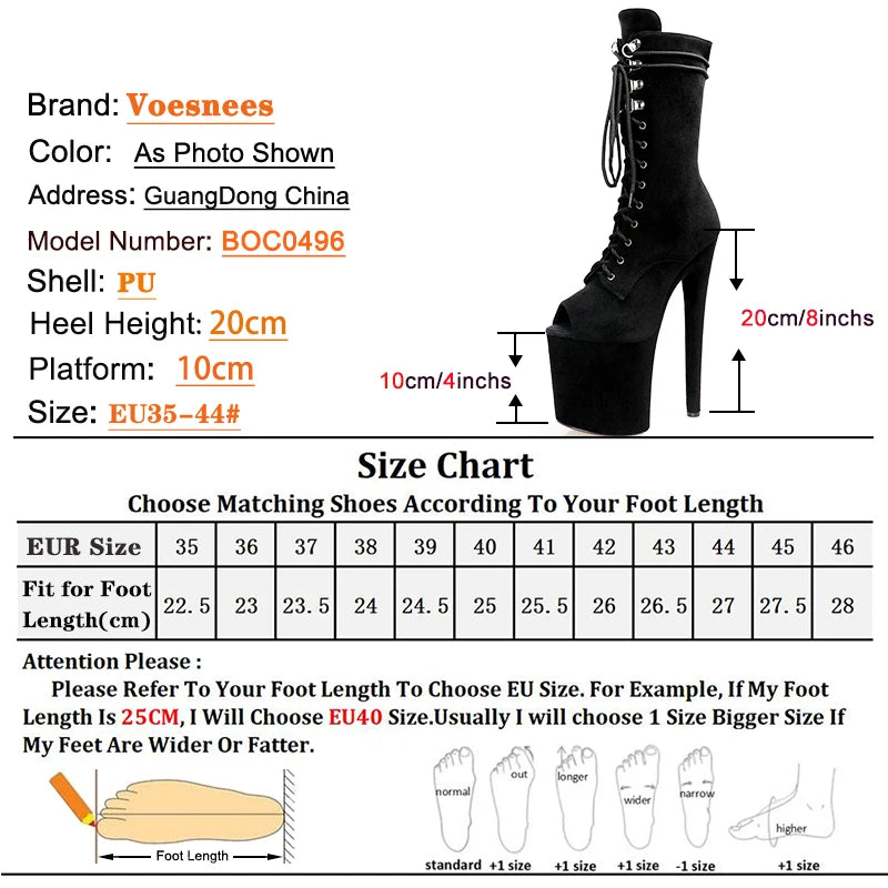 20CM Thin Heels Ankle Boots Extended Shoes length Platform Peep Toe High Heels Pole Dance Shoes Women Side Zipper Botas Mujer