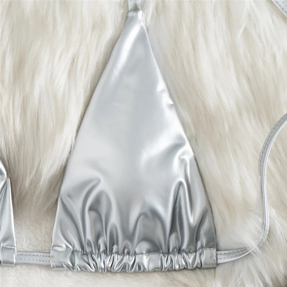 Shiny Silver Micro Bikini Thong Set Sexy Swimsuit Women Lace-up Bathing Suit Solid Swimwears Bathing Suit Bikinis Woman 2025