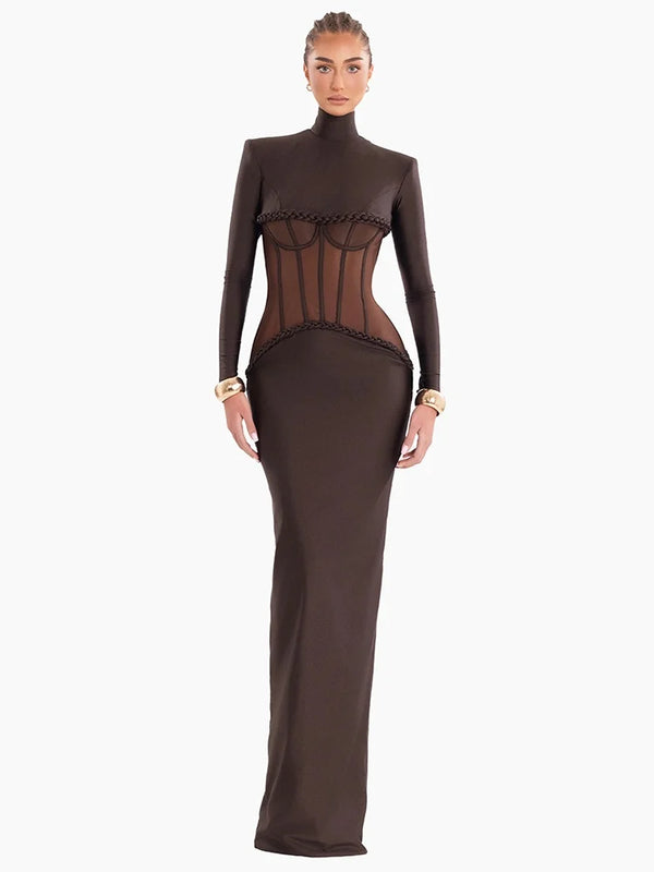 Luxury Sheer Corset Brown Long Dresses for Women – Long Sleeve High Neck See Through Bodycon Maxi Dress with Mesh Waist Detail Wofashion.xyz