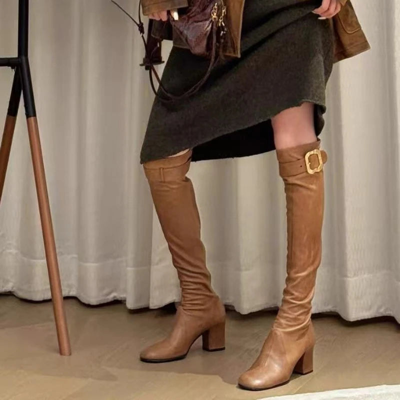 European and American Sexy Hot Girl Belt Buckle Thick High Heels Round Toe Back Zipper Knee Highboots Women's Retro Elasticshoes