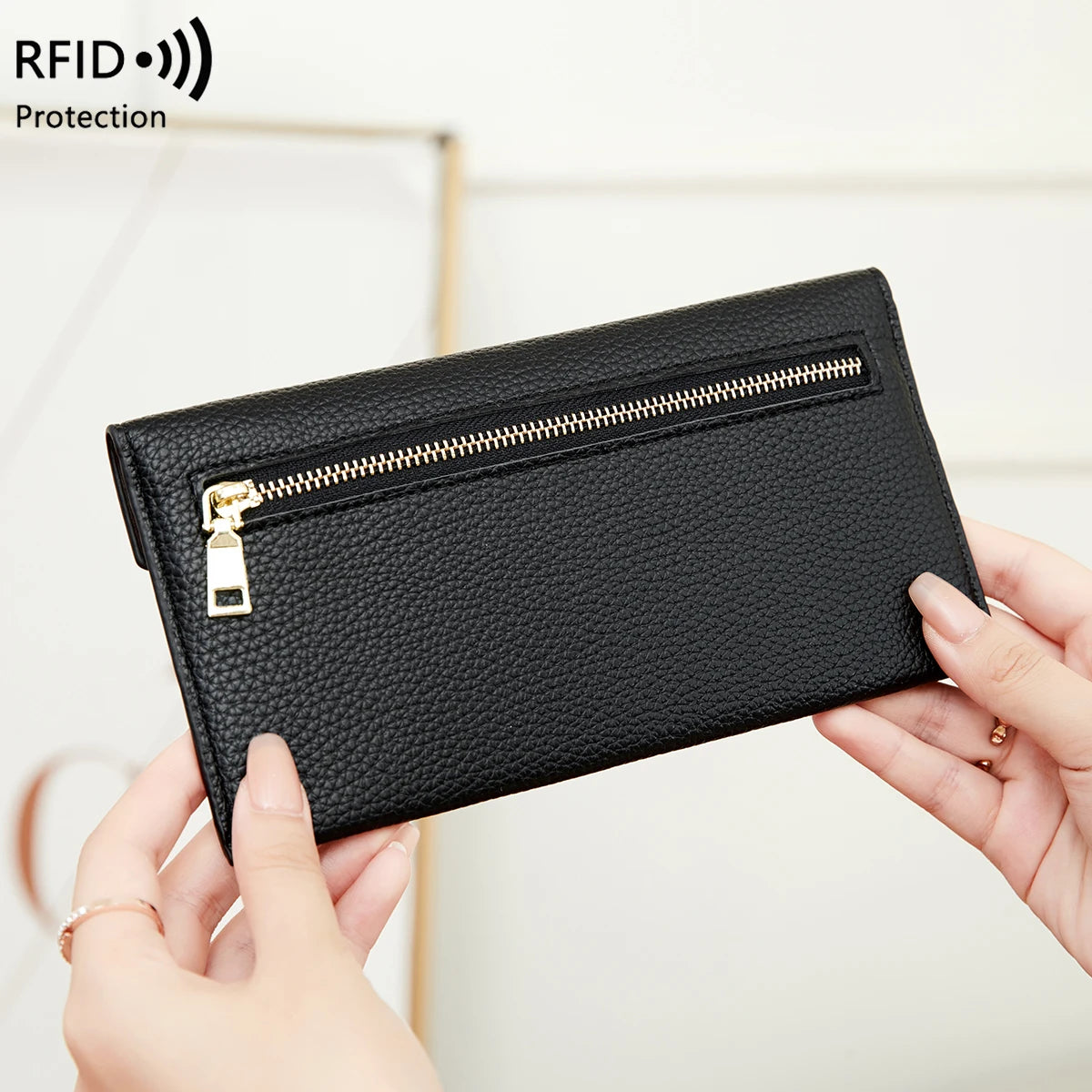 RFID Anti-Theft Purse for Women, Lychee Print, Soft Leather, Envelope Long Wallet, Ultra-thin, Portable, Simple Hand Bag