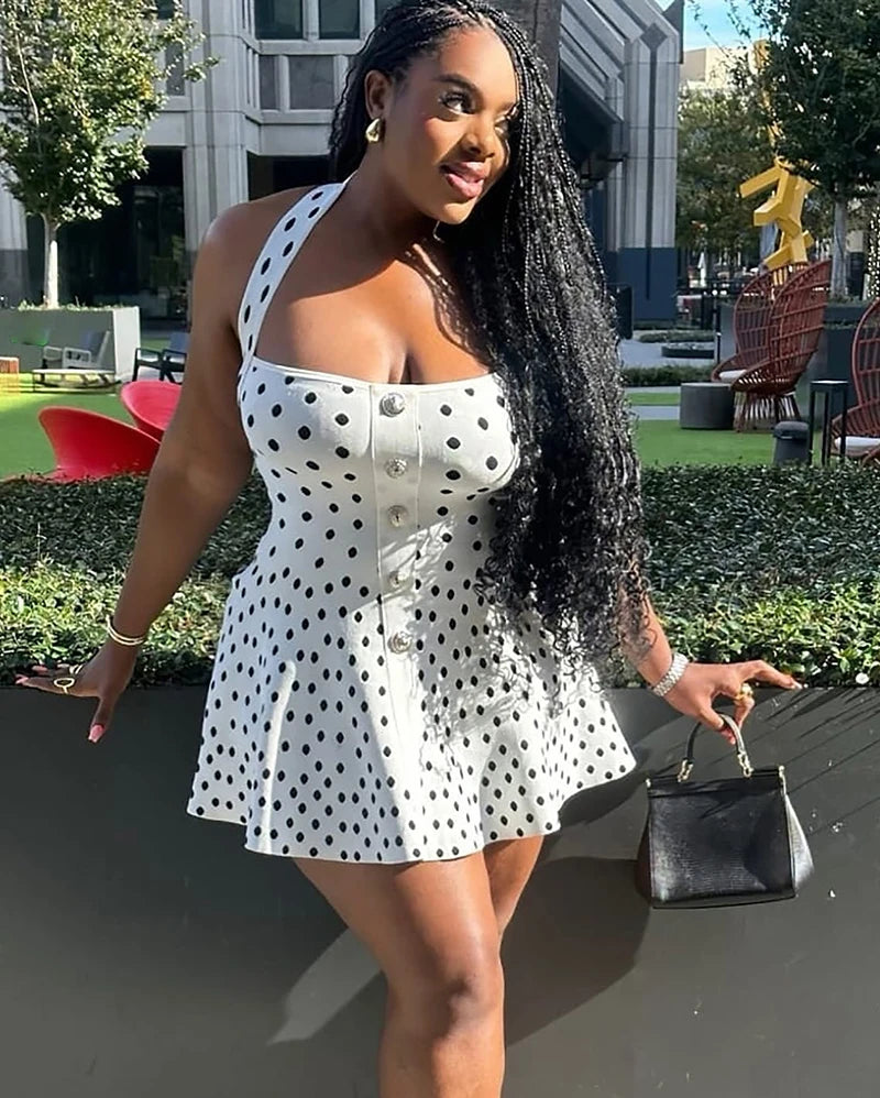 Mozision Halter Backless Polka Dot Dress For Women Fashion Square Collar Sleeveless High Waist A-line Knit Mini Dress Elegant