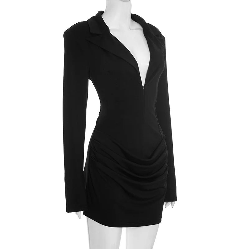Mozision Long Sleeve Deep V Neck Ruched Sexy Mini Dress Women Autumn Winter Fashion High Waist Club Party Blazer Dresses Female