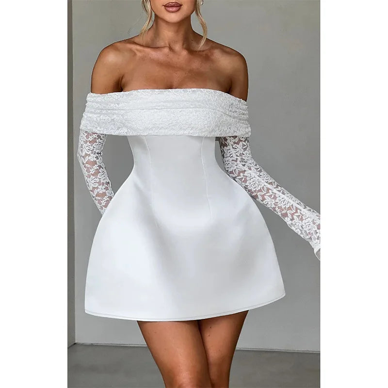 NIDANSSI White Lace Strapless Pleated Evening Party Dress Women Backless Elegant Sexy Dress Bodycon Mini Winter Dress Vestidos
