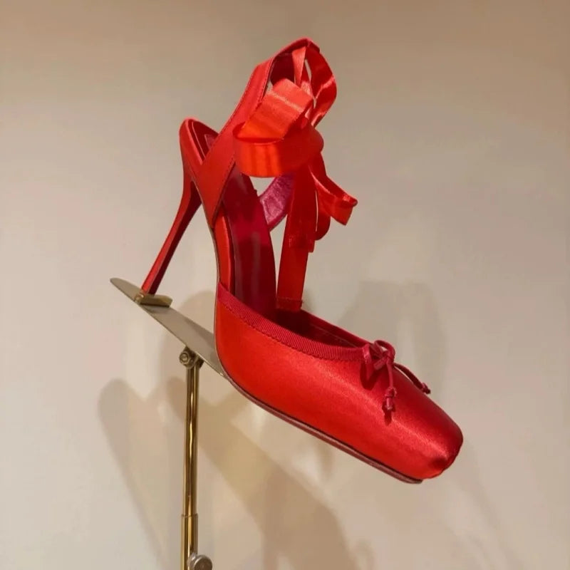 Luxury Design Woman Sandals 2025 Summer High Quality Square Satin High-heeled Female Shoes With Ankle Straps Wedding Flip Flops