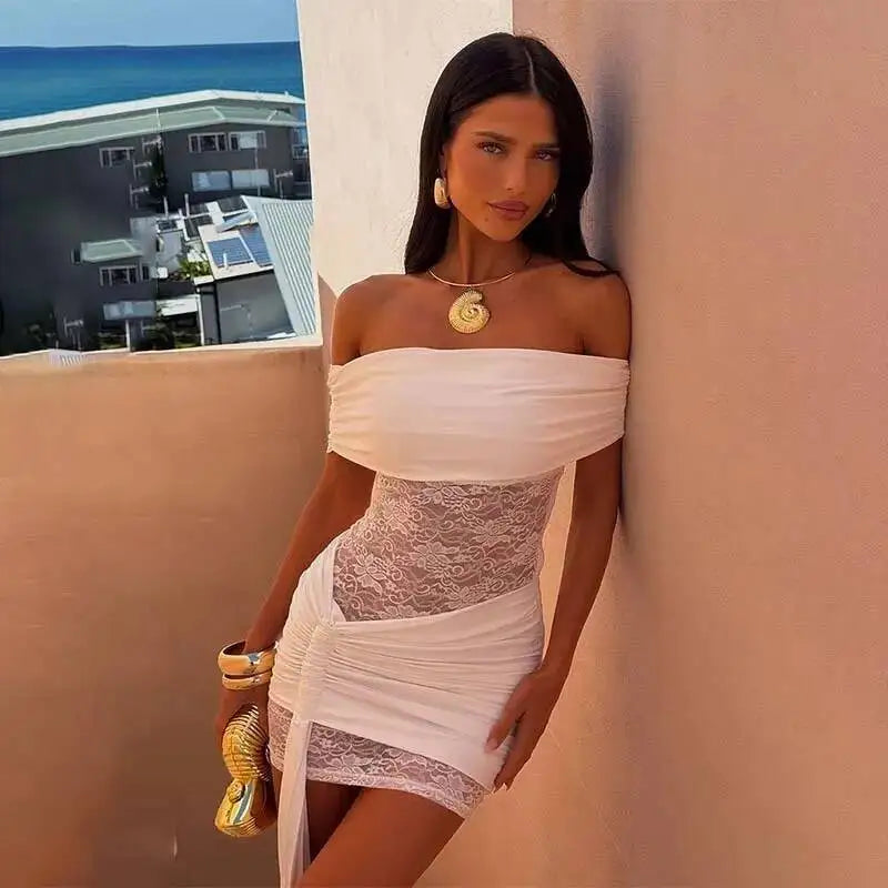 Townlike Pleated Slim Bodycon Dress Women Off Shoulder Mini 2025 Summer Dress Lace Patchwork Nightclub Sexy Party Dresses Wofashion.xyz