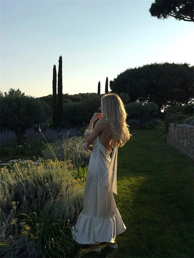 Mozision Polka Dot Ruched Ruffle Sexy Midi Dress Women Gown Fashion Halter Sleeveless Backless High Waist Club Long Dresses