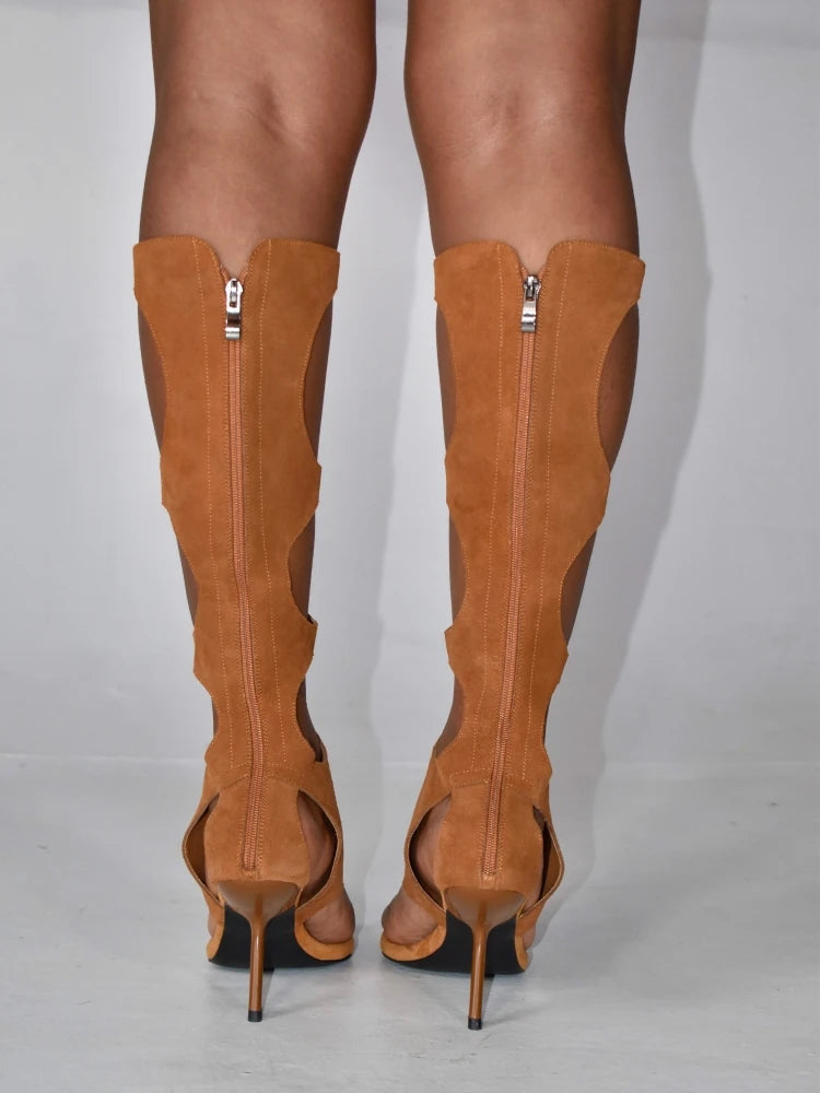 Luxury Cut-Out Knee-High Boots - Genuine Horsehair Leather Stiletto Heels with Rear Zipper | European Fashion Women's Shoes