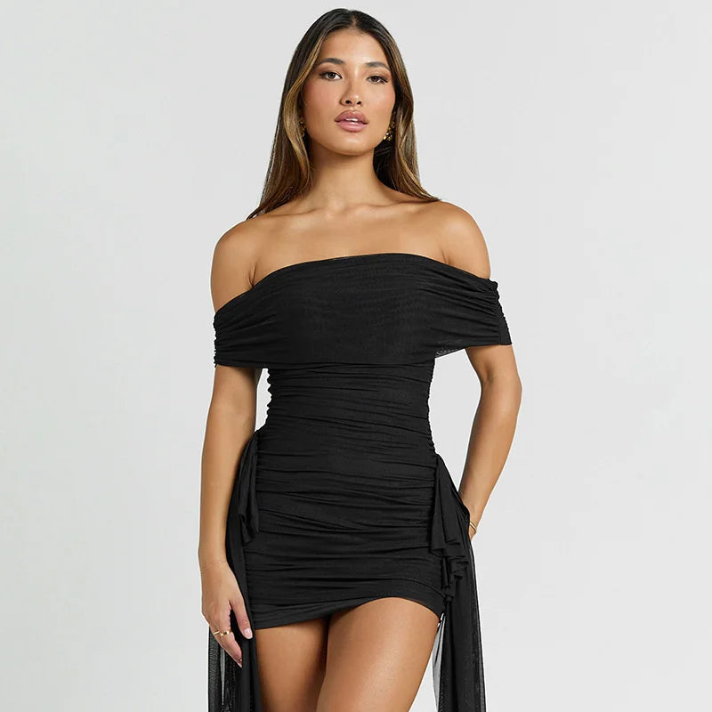 Mozision Off-shoulder Strapless Sexy Mini Dress Women Fashion Mesh Sleeveless Backless Draped Ruched Club Party Dress Female