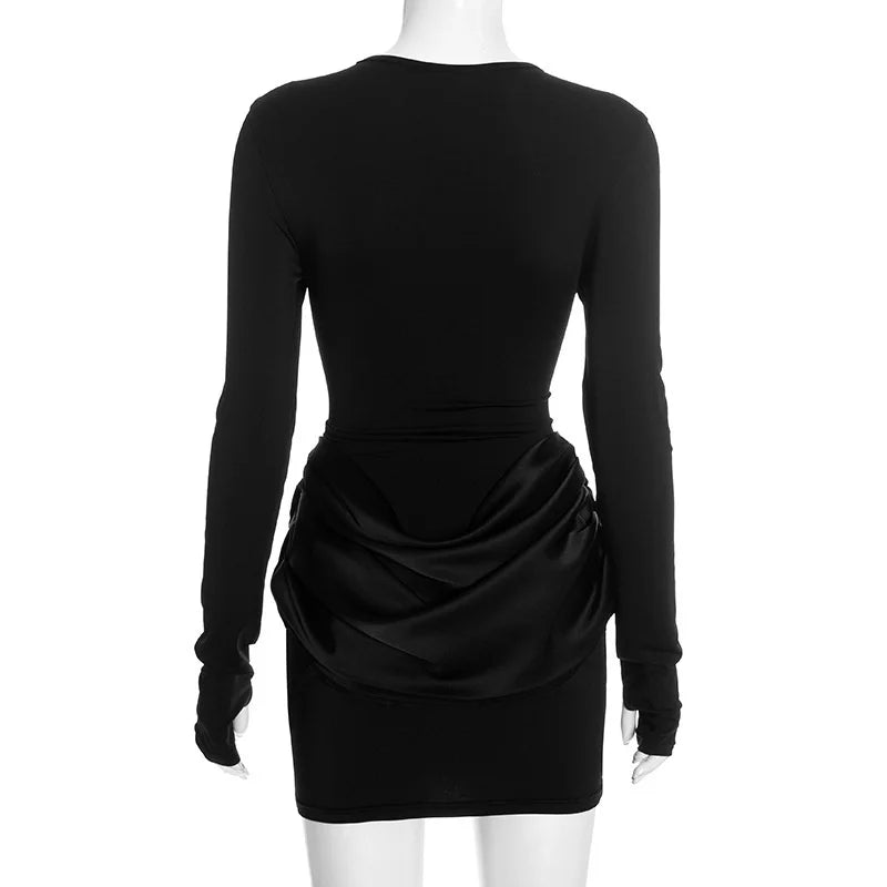 Mozision Long Sleeve Ruched Sexy Mini Dress Women Gown Elegant Satin Patchwork O Neck High Waist Club Party Dresses Fashion