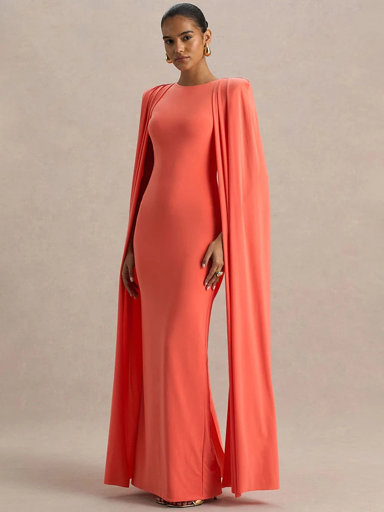 Mozision Cape Sleeve Sexy Maxi Dress Women Gown Elegant Fashion Zipper O Neck High Waist Split Club Party Long Dresses Female