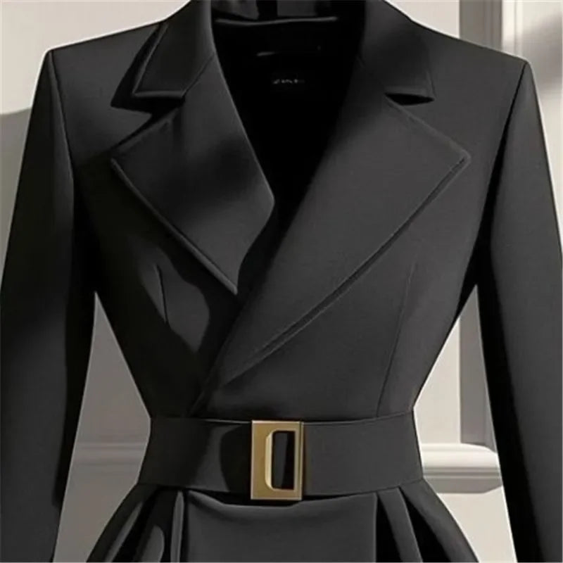 High-end Black Suit Jacket Women Elegant Slim Waist Belt Coat 2025 Autumn Winter New Irregular Hem Office Lady Outwear
