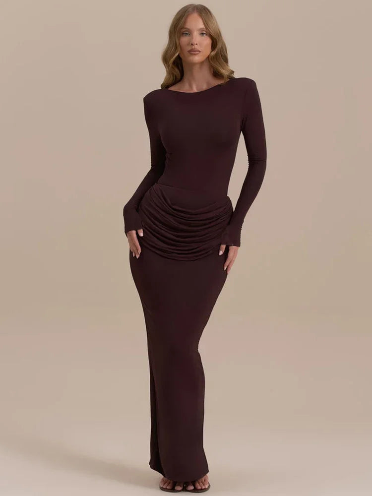 Long Sleeve Ruched Sexy Maxi Dress For Women Gown Autumn Winter New O Neck High Waist Bodycon Club Party Long Dresses Wofashion.xyz