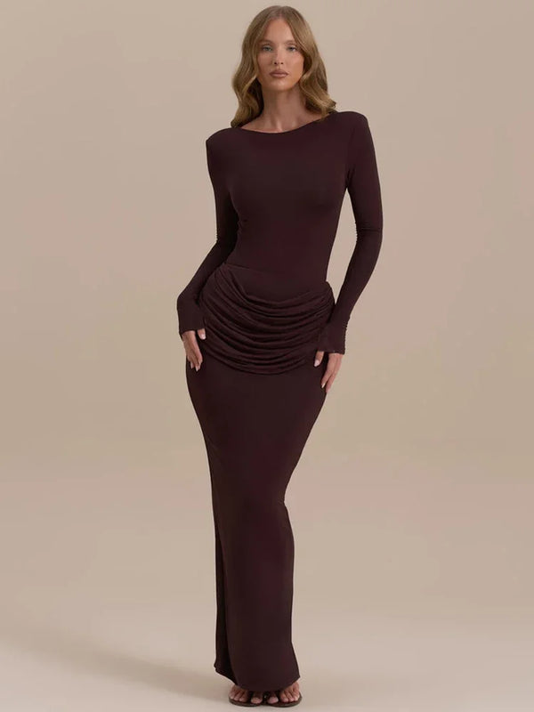 Long Sleeve Ruched Sexy Maxi Dress For Women Gown Autumn Winter New O Neck High Waist Bodycon Club Party Long Dresses Wofashion.xyz