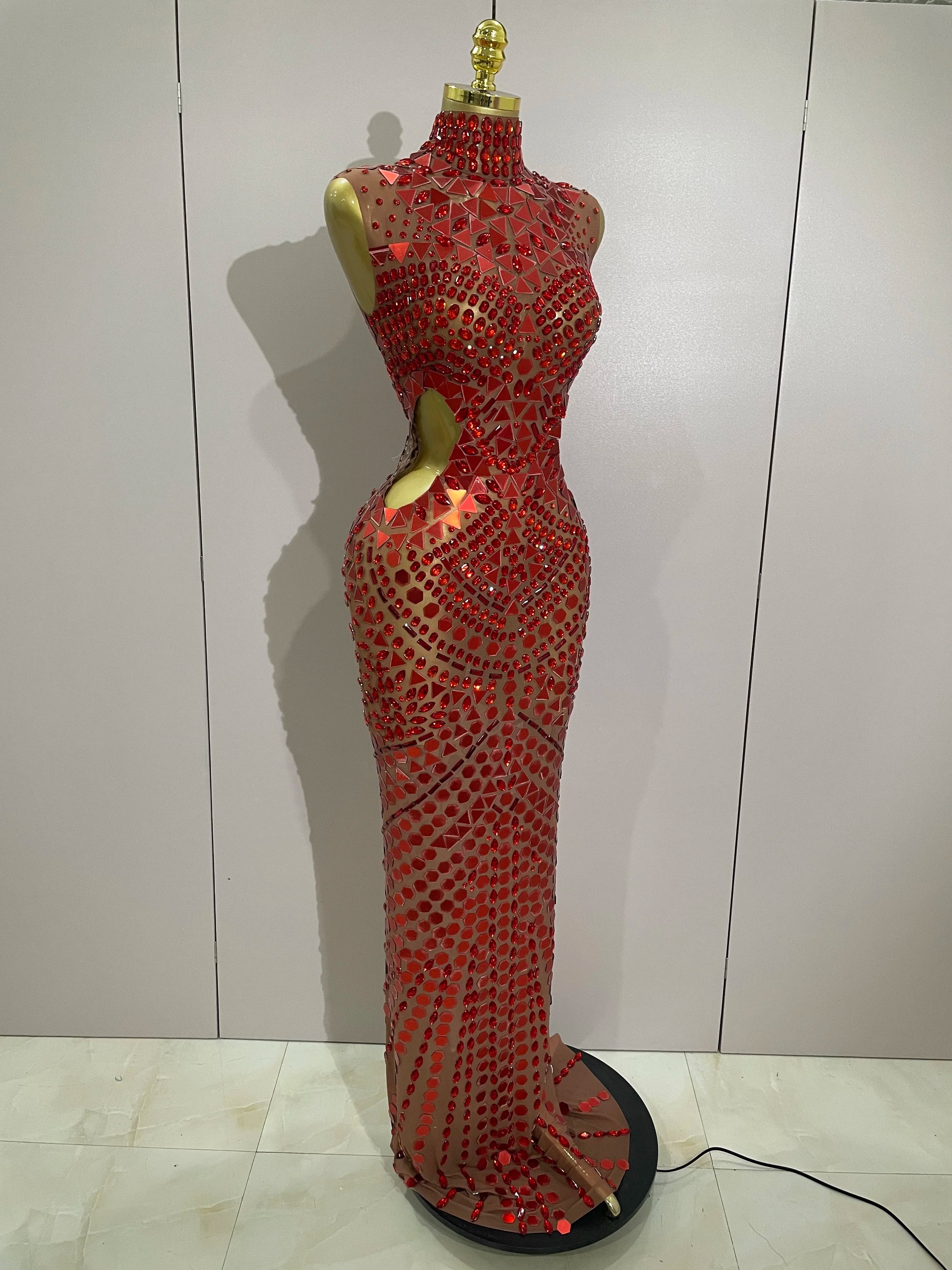 Luxury Shiny Mirror Rhinestones Hollowed-out Long Dress 2025Women Celebrity Evening Party Catwalk Prom Stage Photo Shoot Dresses