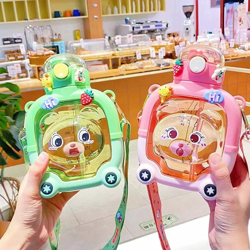 1L Water Bottle for Girls Cute Bear Plastic Cup Cartoon Travel Straw Mug Summer Sport Drink Kettle Portable Kawaii Kids Tumbler
