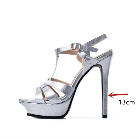 Women's Summer European and American Fashion Stiletto Waterproof Platform Leather Open Toe Round Head Buckle Sandals