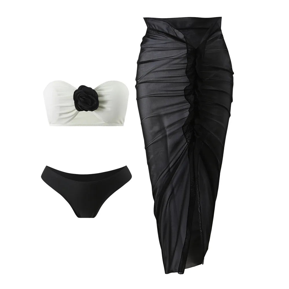 3D Flower Bandeau 3 Piece Bikini Set Damen Mesh Skirts Cover Up Swimwear Sexy Swimsuit Women Beach Swimming Wear Bikinis Bather