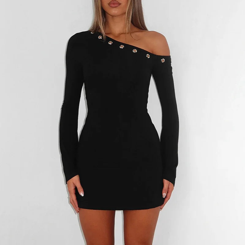 Mozision Inclined Shoulder Long Sleeve Sexy Mini Dress Women Fashion Hollow Out One Shoulder Backless Club Party Dress Female