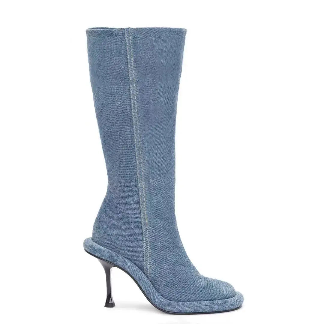 European and American Trend Retro Denim Slim High Heels Round Toe Short Boots for Women Sexy Side Zipper Fashion Banquet Shoes