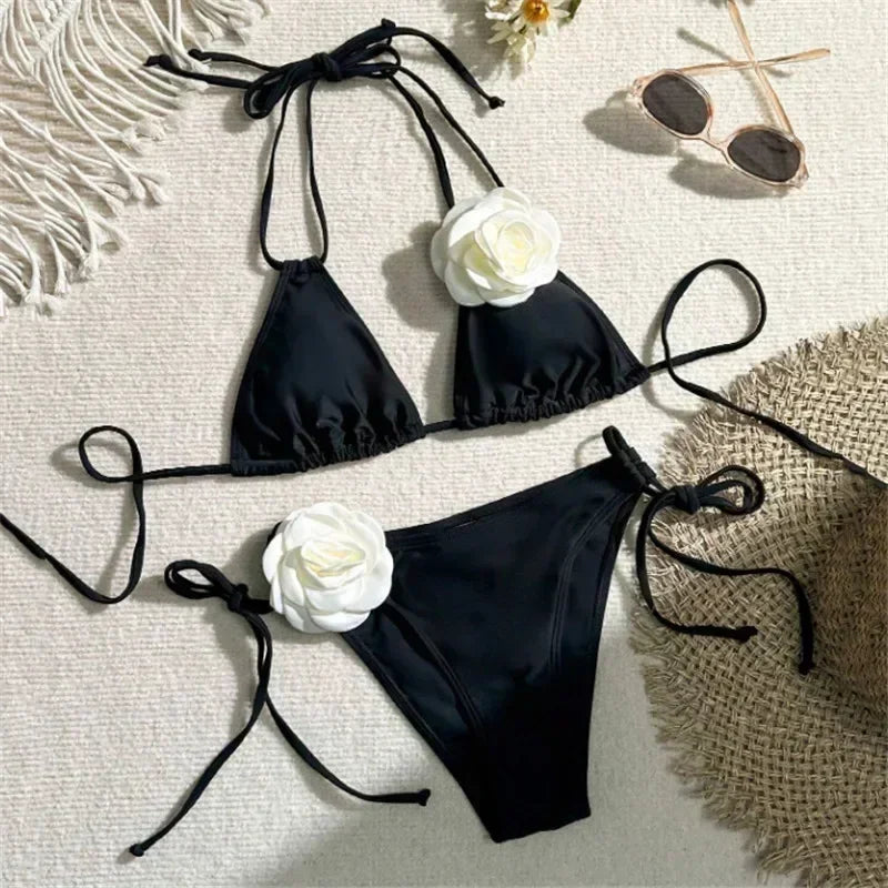 Sexy 3D Flower Black Triangle Bikinis Sets Micro Thong Swimsuit Women String Halter Bathing Suit Bikini 2025 Mujer Biquinis Swim Wofashion.xyz