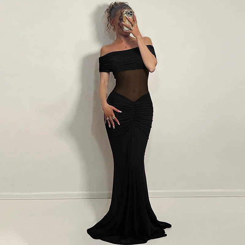 Mozision Off-shoulder Backless Sexy Maxi Dress Women Summer Fashion Strapless Sleeveless See Through Club Party Long Dress