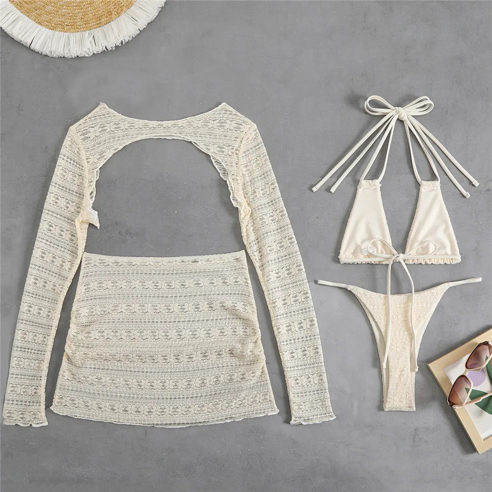 Beige Flower Mesh String Halter Bikinis Sets 4 Piece Sexy Swimsuit Women Long Sleeve Cover Up Swimwear Triangle Bikini Beachwear