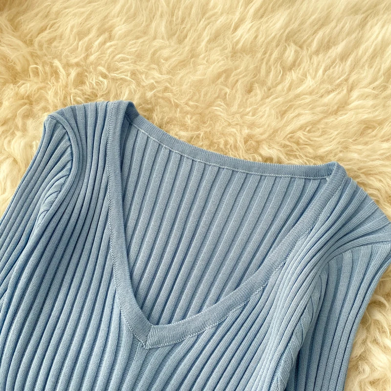 Women's Knitted Midi Dr Pure Color Long Sve Slim Fit High Waist V-Ne Korean Sle Faionable Autumn Winter Dr