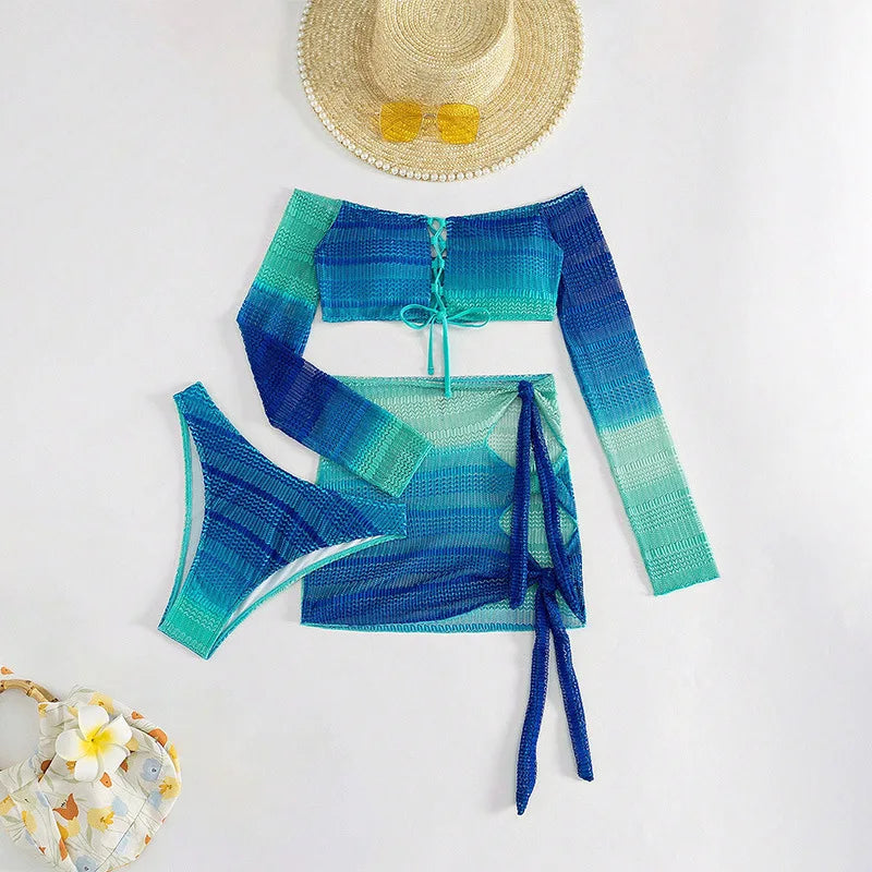 Blue Long Sleeve Swimsuit Bikinis Sets 3 Piece Women Front Lace-up Swimwear with Cover Up Mini Skirts Beach Wear Bathing Suit