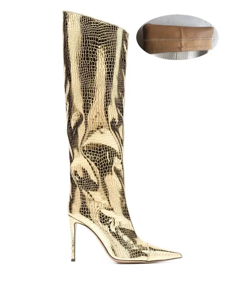 2022 Women's New Stone Print Boots Sexy Runway Stiletto Pointed Toe Women's High Boots 10cm High Heel Side Zip Women's Boots