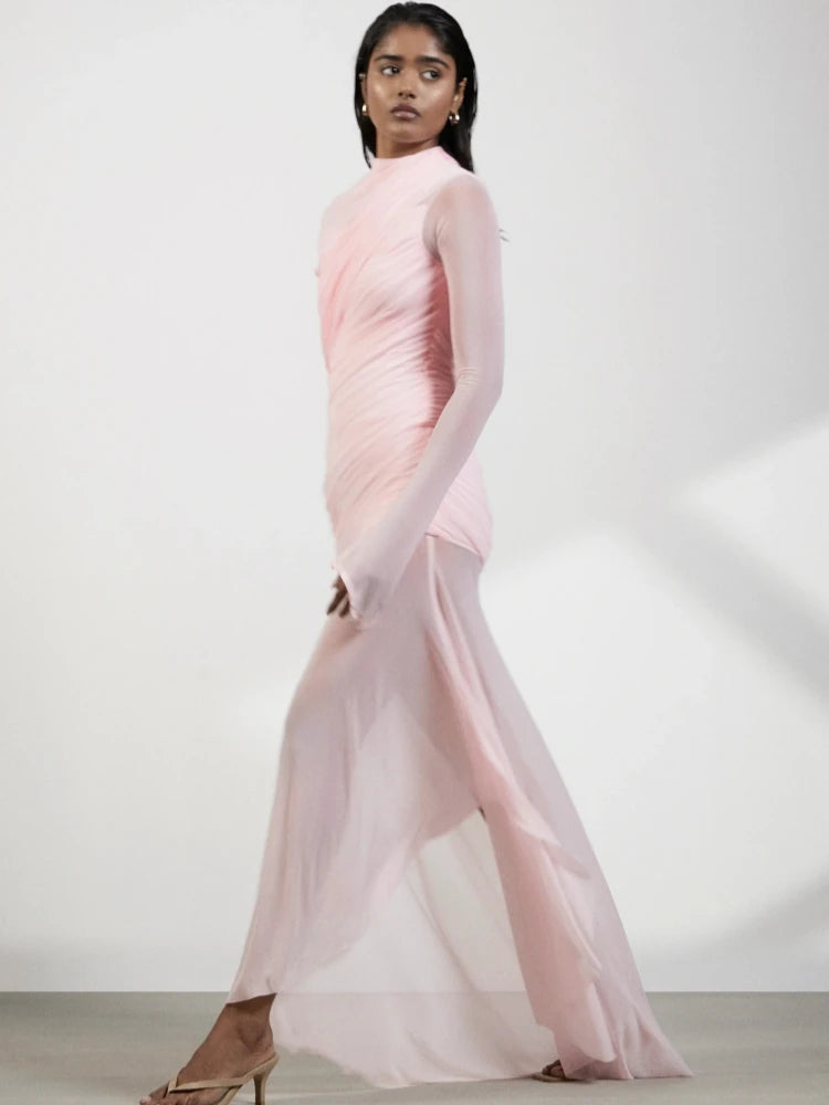 Sexy O Neck Mesh Patchwork Folds Long Dress Women Pink Long Sleeves Asymmetrical Folds Slim Dresses Evening Party Formal Gowns