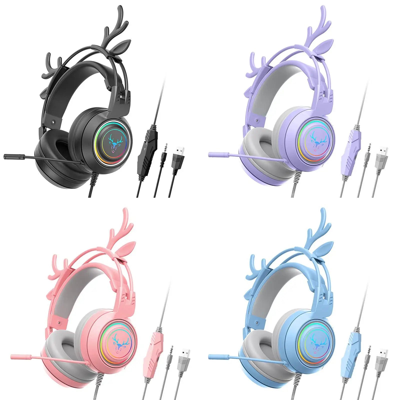 Wired Gaming Headset with Rotatable Microphone Detachable Antlers Earphones Stereo Computer Gaming Headphone for Laptop Tablet