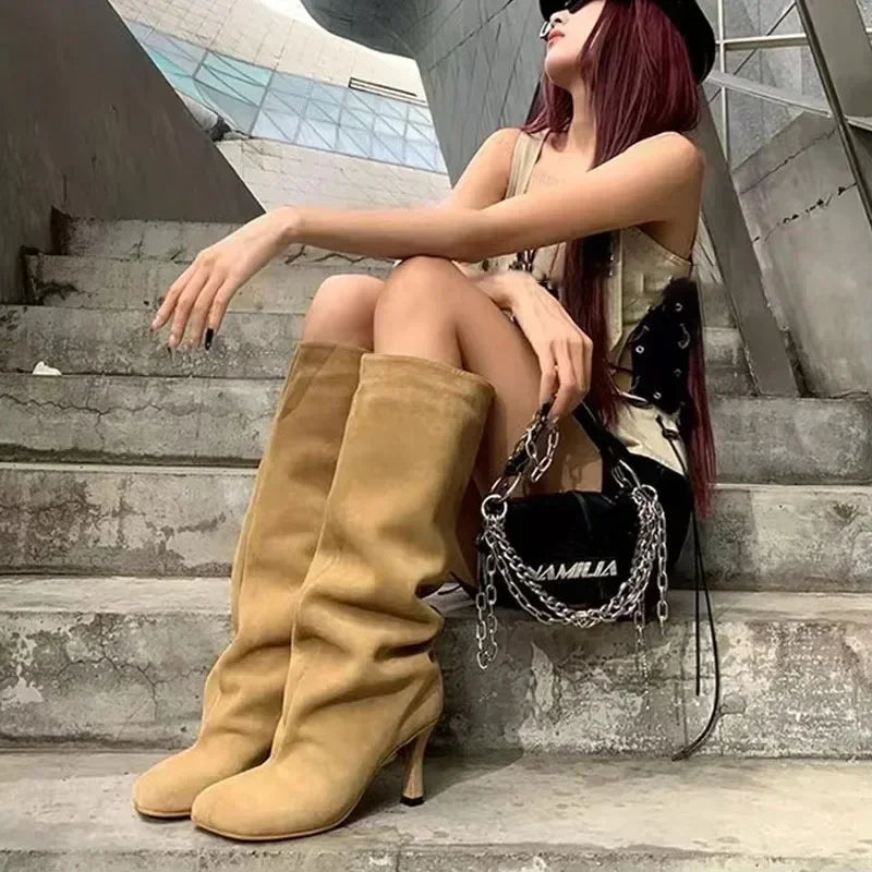 2024 European and American Fashion Stiletto Heels Wide Leg Knee Sleeve Boots Women's Square Head Suede Warm Boots